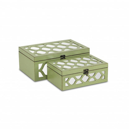 Set of Two Green Mirrored Glass And Solid Wood Box With Lid