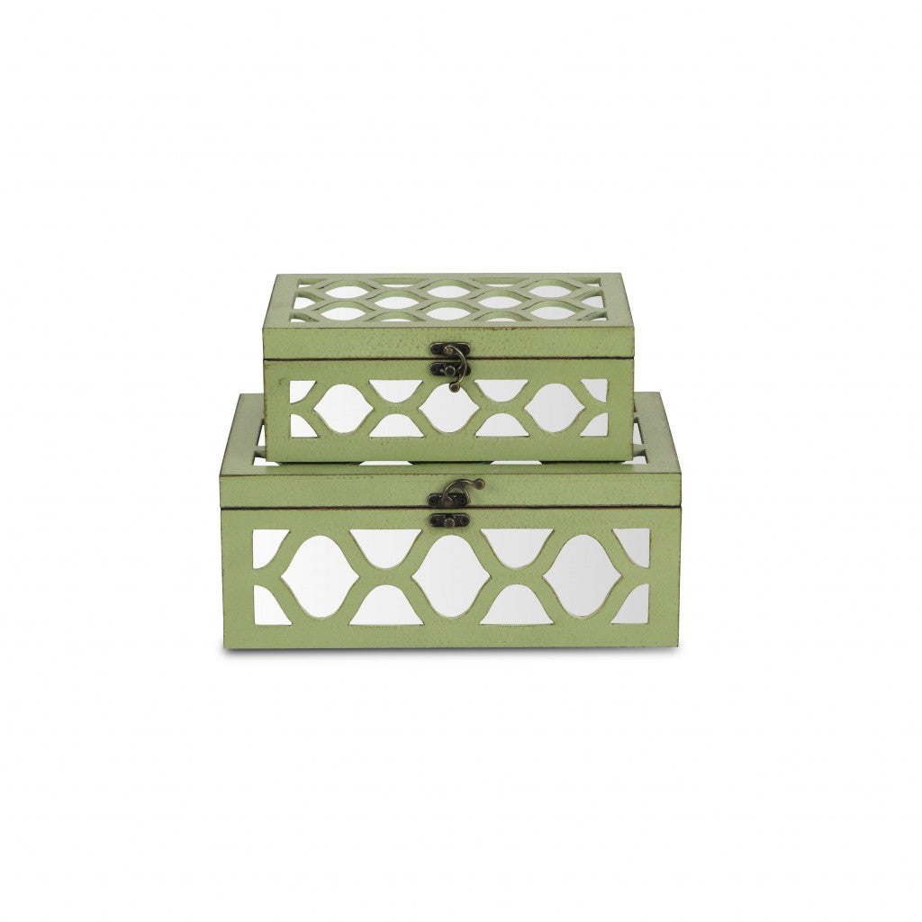 Set of Green Quatrefoil Mirror Jewelry Storage Boxes