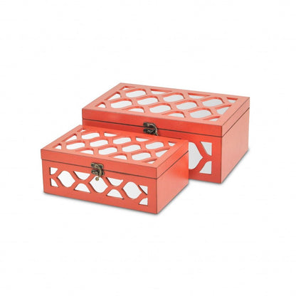 Set of Coral Quatrefoil Mirror Jewelry Storage Boxes