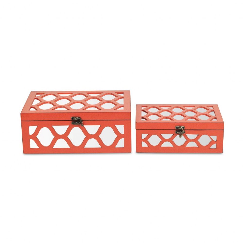 Set of Two Orange Mirrored Glass And Solid Wood Box With Lid
