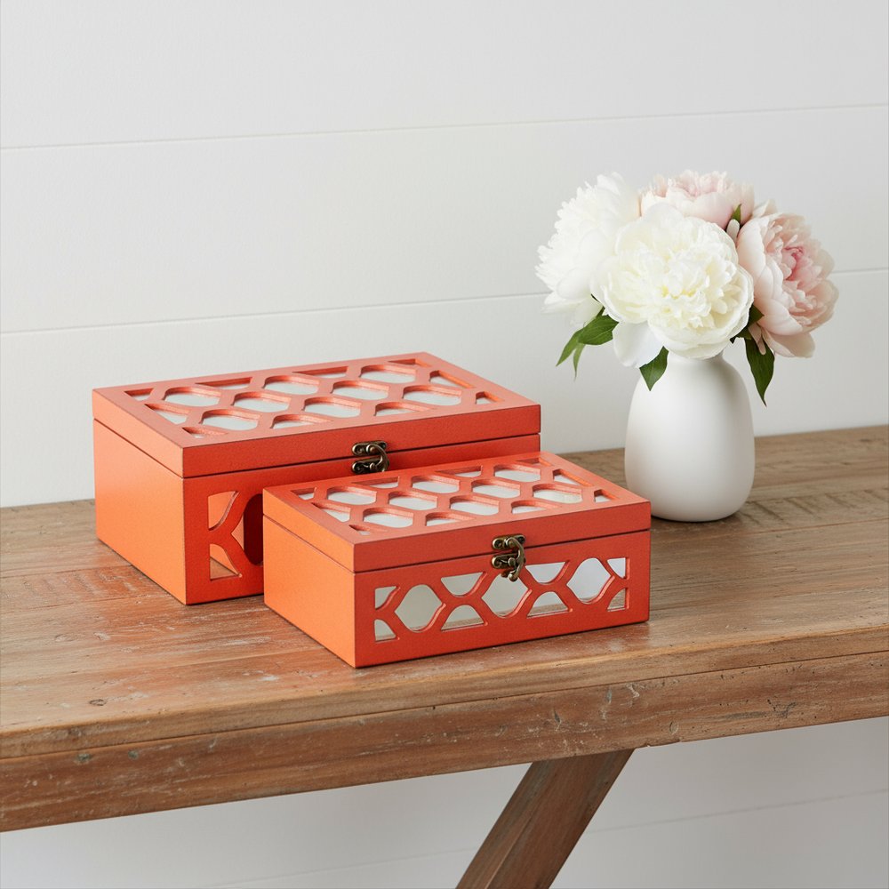 Set of Two Orange Mirrored Glass And Solid Wood Box With Lid