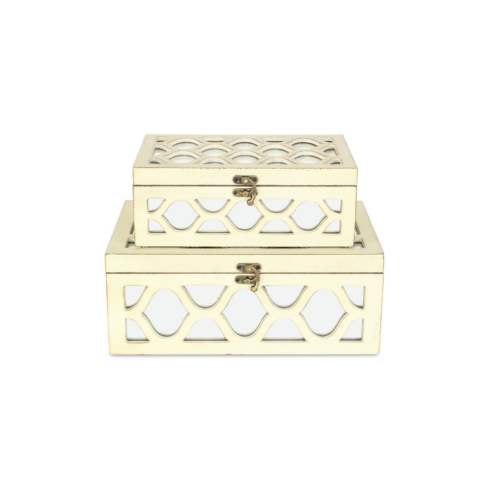 Set of Two White Mirrored Glass And Solid Wood Box With Lid