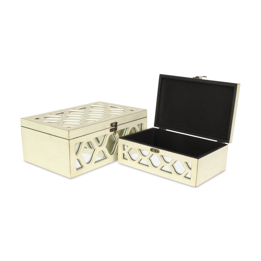 Set of Two White Mirrored Glass And Solid Wood Box With Lid