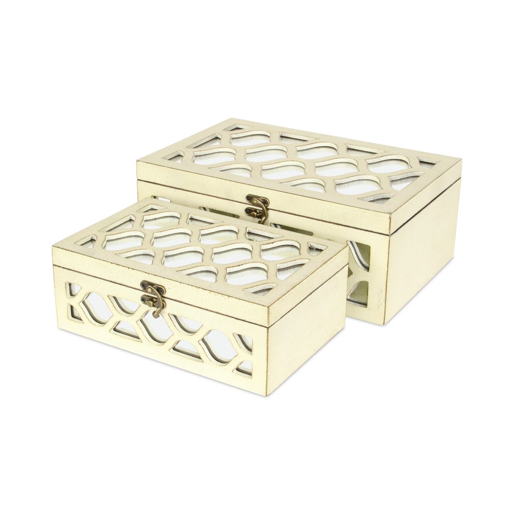Set of Two White Mirrored Glass And Solid Wood Box With Lid
