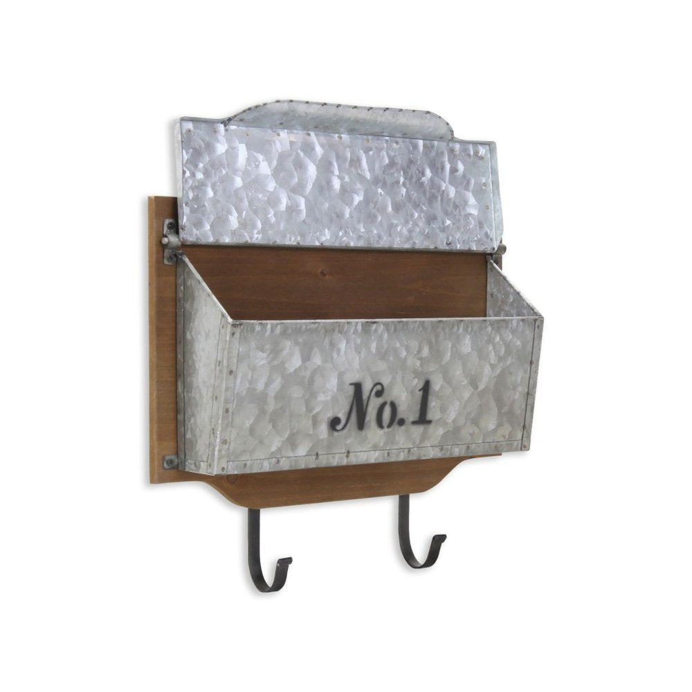 14" Brown And Gray Metal And Solid Wood Mail Box With Lid