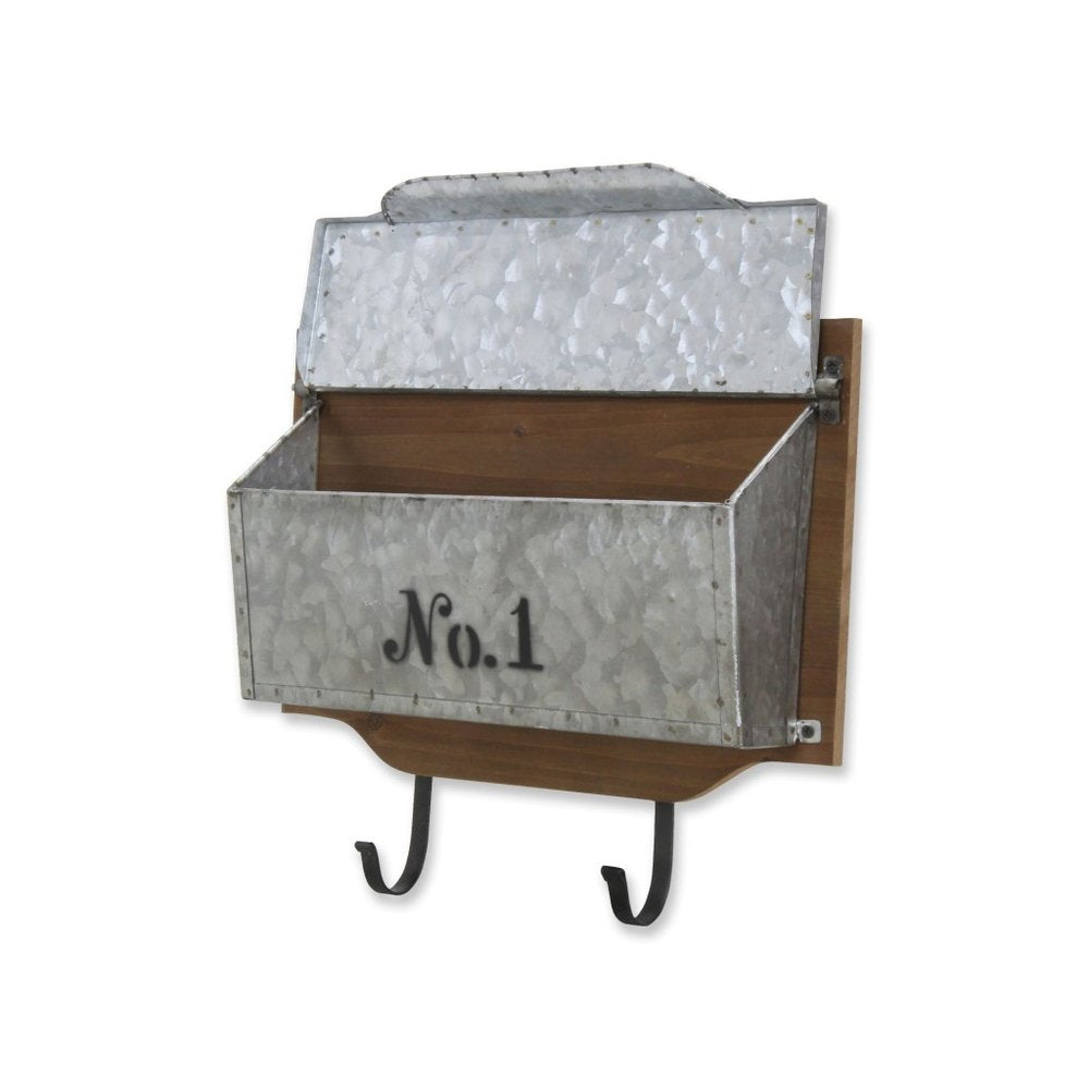 14" Brown And Gray Metal And Solid Wood Mail Box With Lid