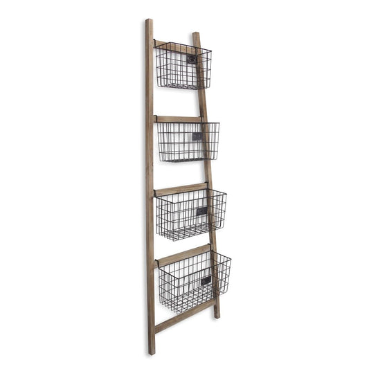 73" Natural And Black Wood And Metal Storage Ladder With Baskets
