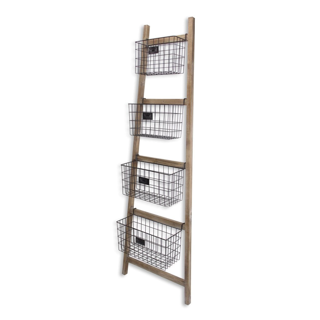 Wooden Ladder Storage Piece with 4 Baskets