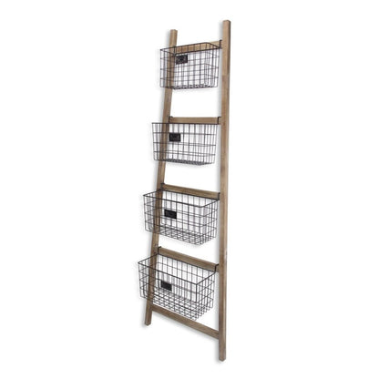 73" Natural And Black Wood And Metal Storage Ladder With Baskets