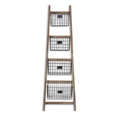 73" Natural And Black Wood And Metal Storage Ladder With Baskets