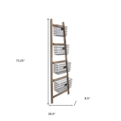 73" Natural And Black Wood And Metal Storage Ladder With Baskets