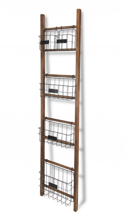 63" Natural and Black Wood And Metal Storage Shelf With Metal Baskets