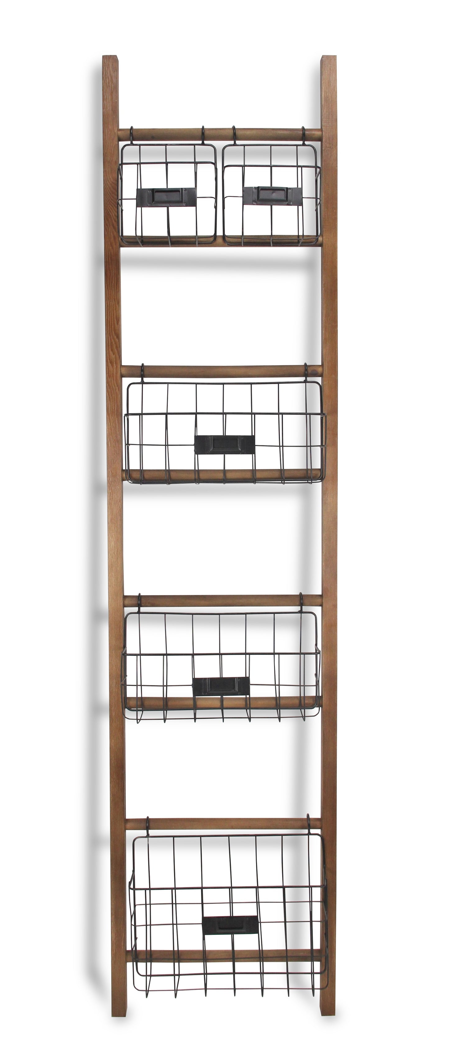 63" Natural and Black Wood And Metal Storage Shelf With Metal Baskets