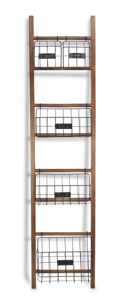 63" Natural and Black Wood And Metal Storage Shelf With Metal Baskets