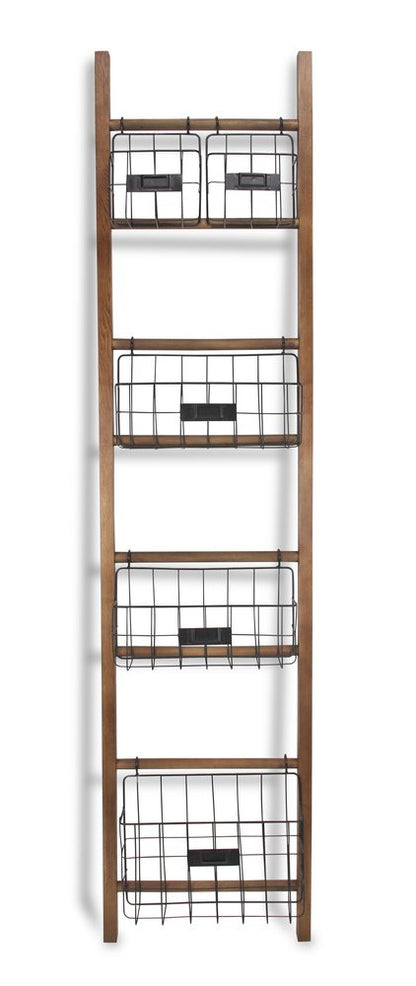 63" Natural and Black Wood And Metal Storage Shelf With Metal Baskets