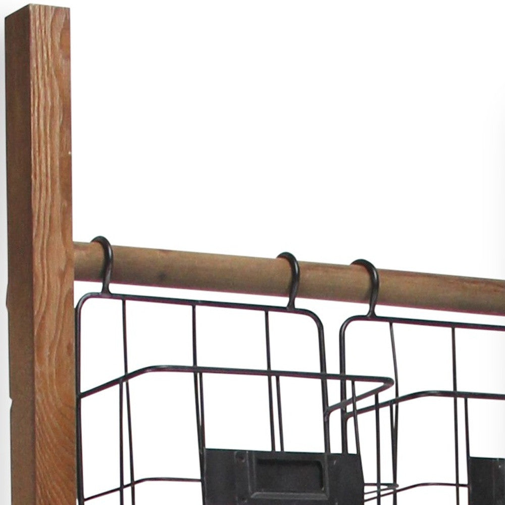 63" Natural and Black Wood And Metal Storage Shelf With Metal Baskets