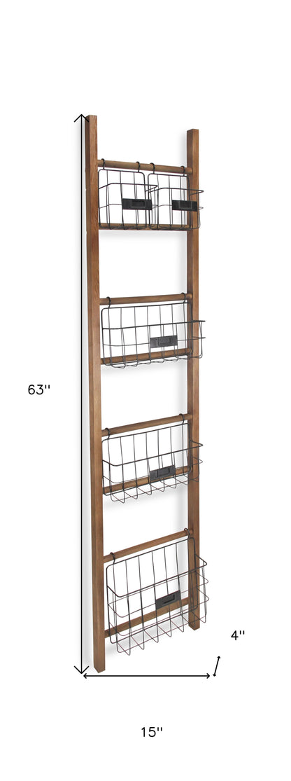 63" Natural and Black Wood And Metal Storage Shelf With Metal Baskets