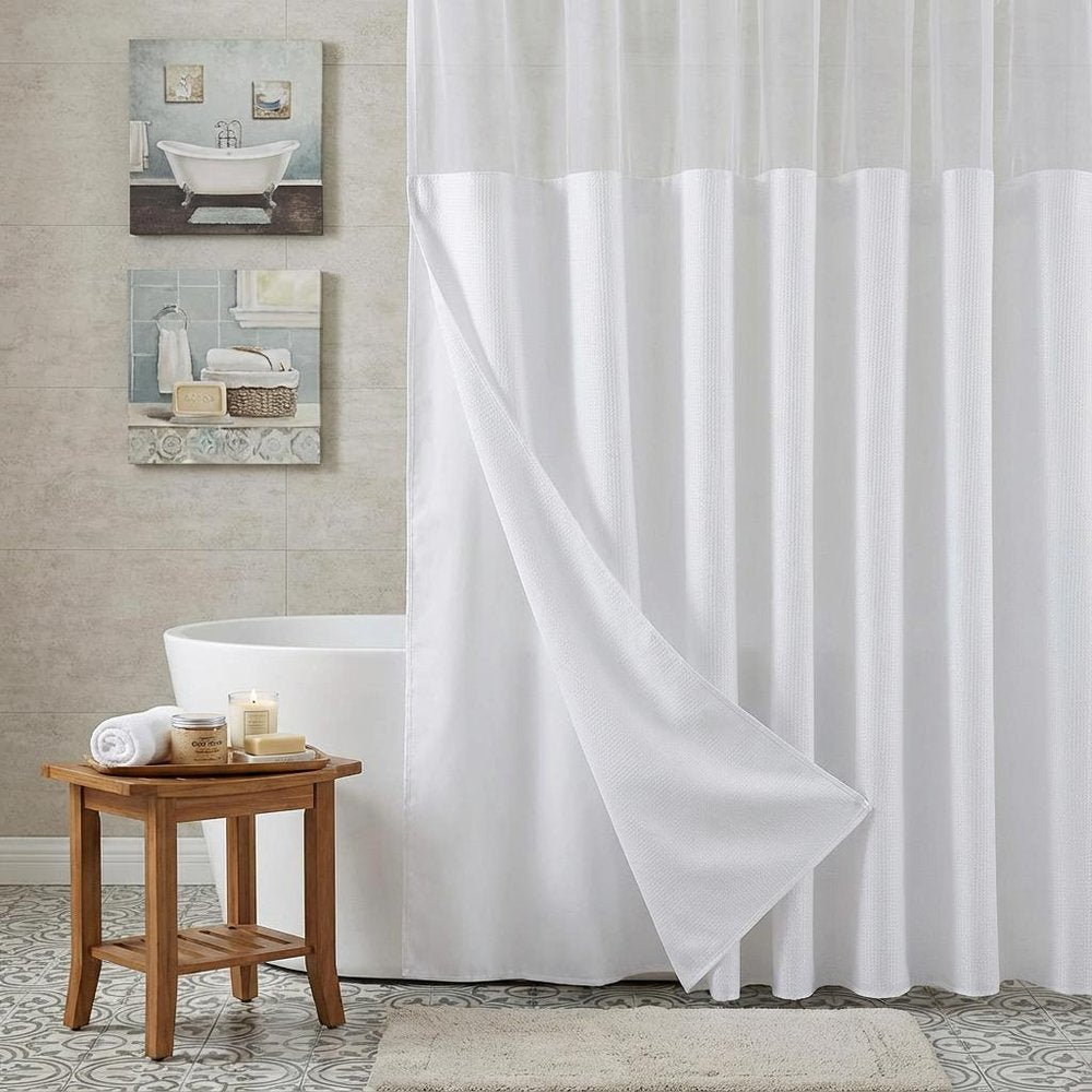 White Sheer and Grid Shower Curtain and Liner Set