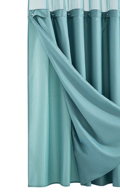 Teal Sheer and Grid Shower Curtain and Liner Set
