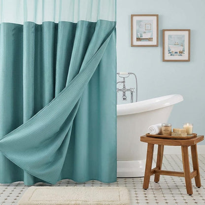 Teal Sheer and Grid Shower Curtain and Liner Set