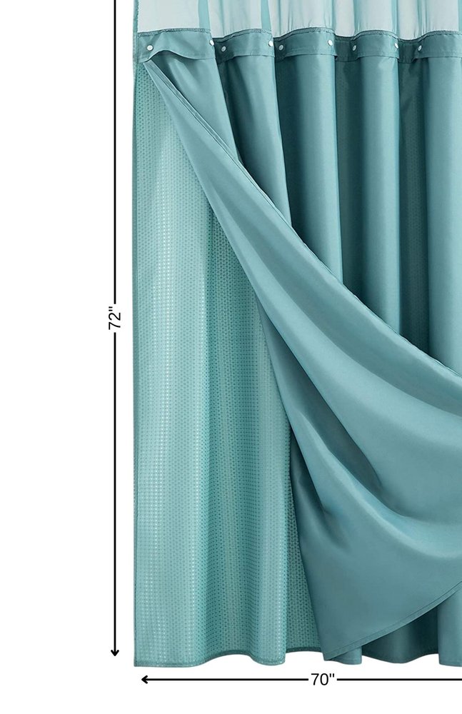 Teal Sheer and Grid Shower Curtain and Liner Set