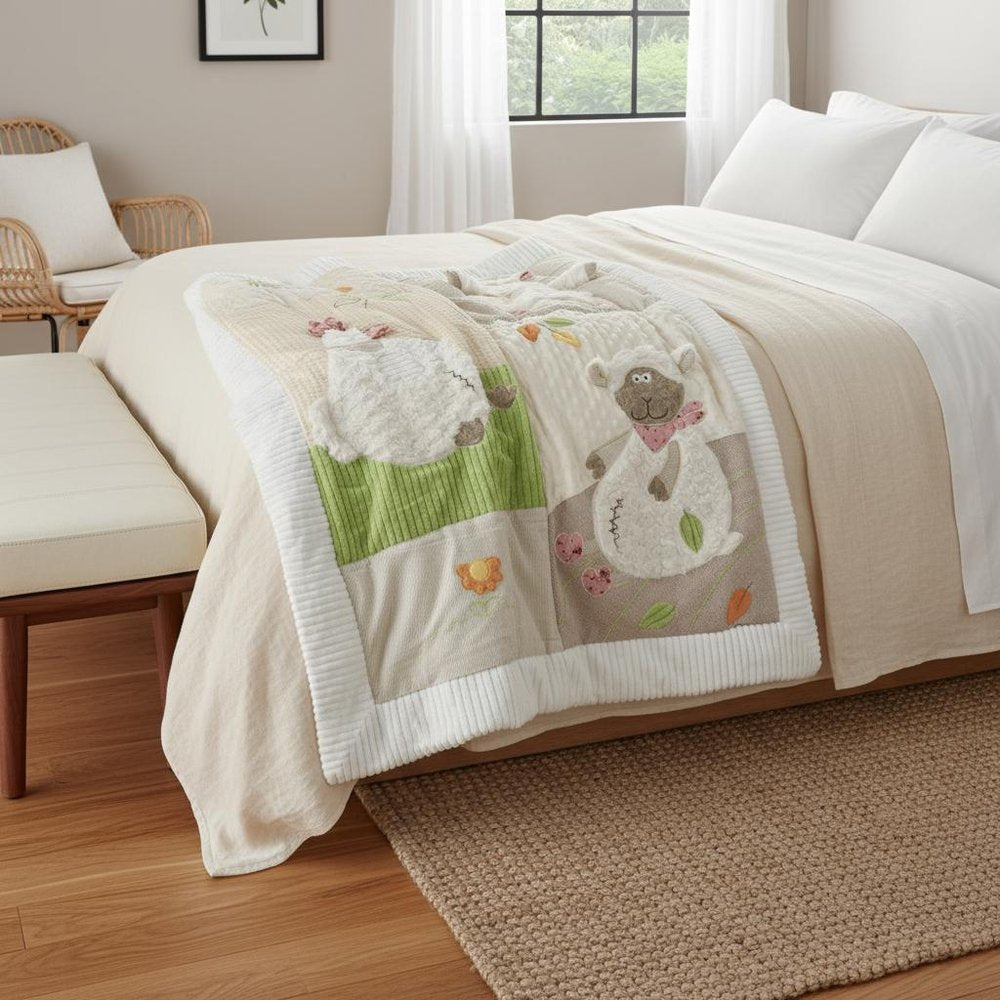 Beige Green And White Polyester Quilt