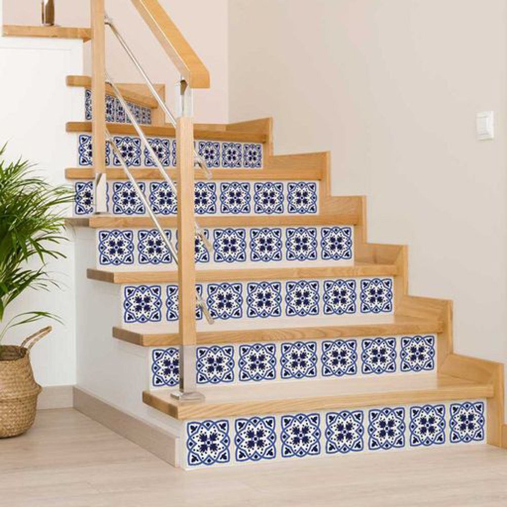 7" x 7" Blue And White Peel And Stick Removable Tiles