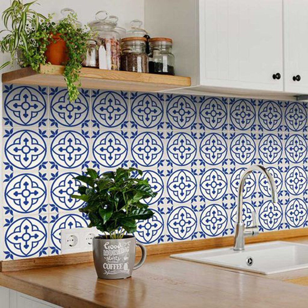 7" x 7" Blue And White Peel And Stick Removable Tiles