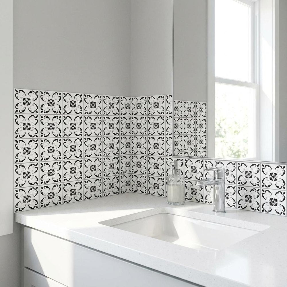 4" X 4" Black and White Delia Peel and Stick Removable Tiles