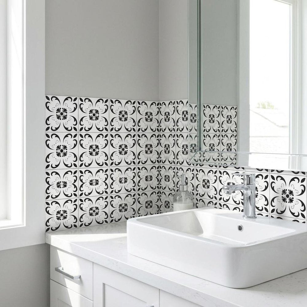 4" X 4" Black and White Delia Peel and Stick Removable Tiles
