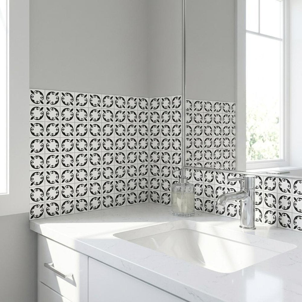 4" X 4" Black and White Delia Peel and Stick Removable Tiles