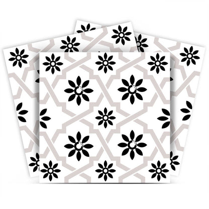 4" X 4" Black and White Lil Daisy Peel and Stick Removable Tiles