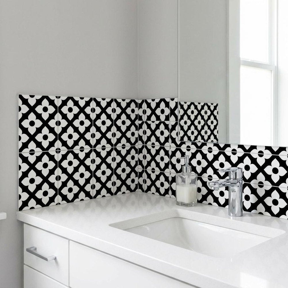 4" X 4" Black and White Dia Peel and Stick Removable Tiles