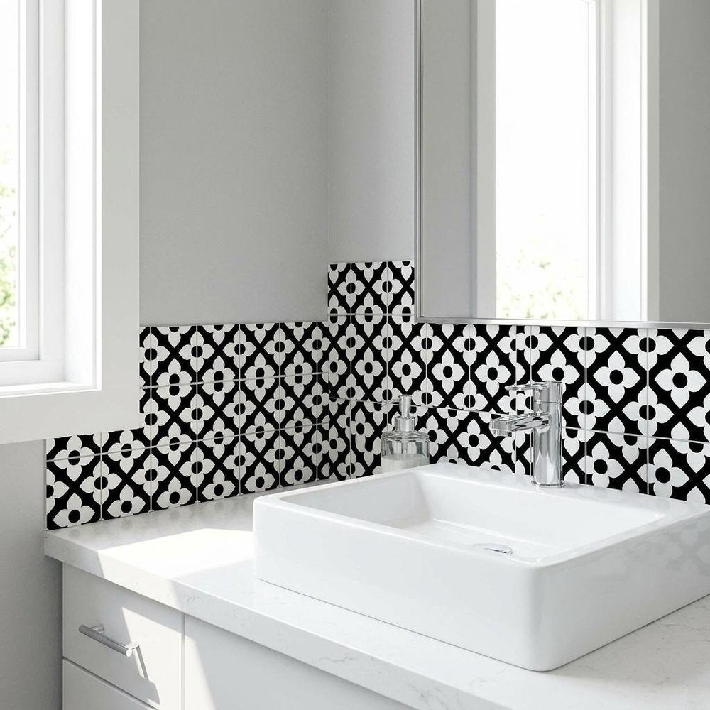 4" X 4" Black and White Dia Peel and Stick Removable Tiles