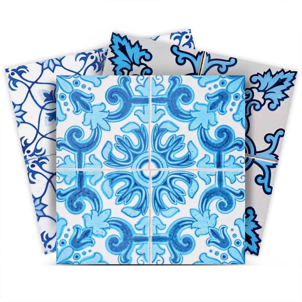 7" x 7" Blue And White Vinyl Peel And Stick Removable Tiles