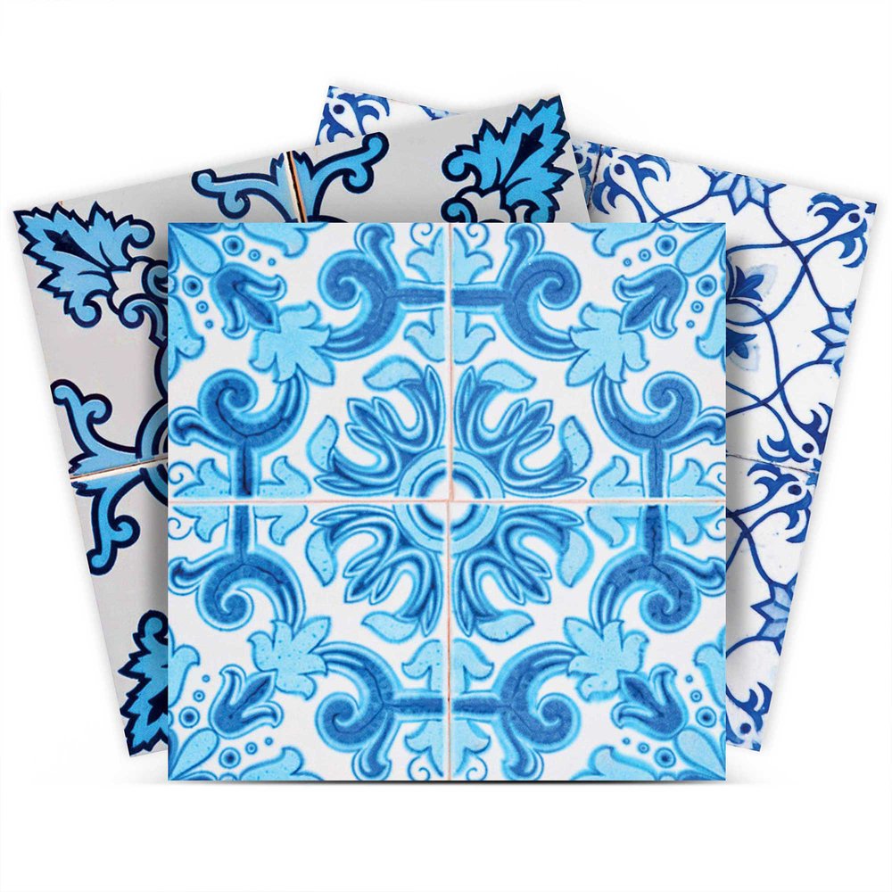 7" x 7" Blue And White Vinyl Peel And Stick Removable Tiles
