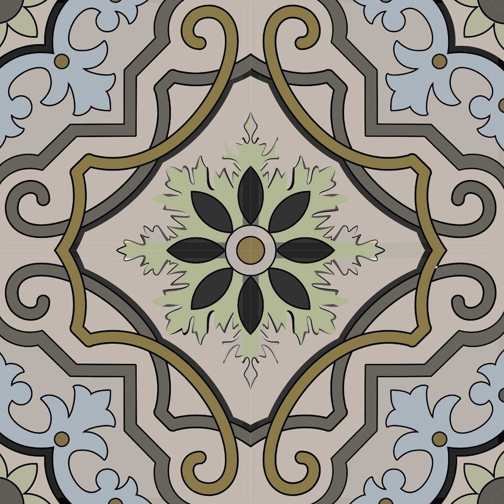 4" X 4" Taupe and Blue Scroll Peel and Stick Tiles