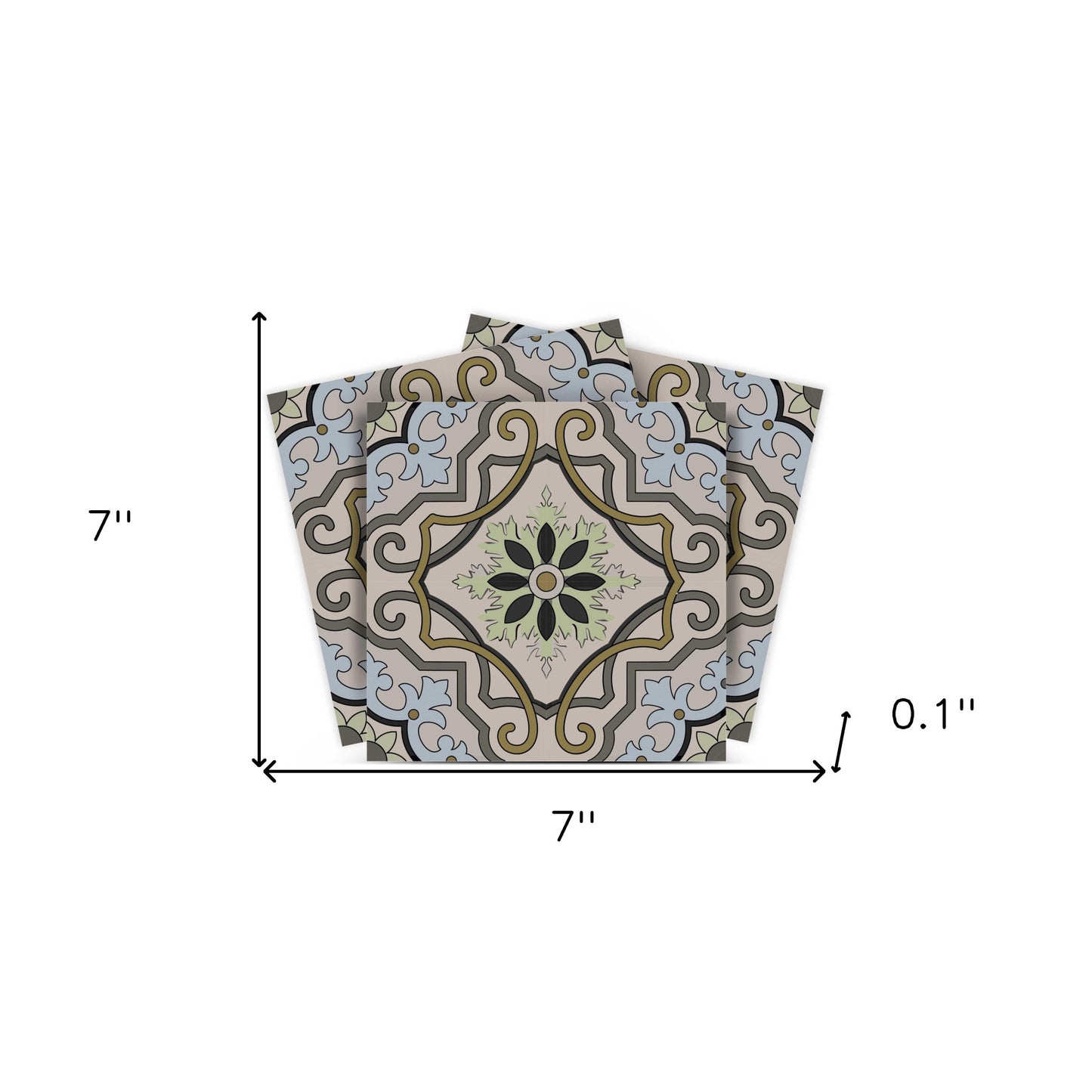 4" X 4" Taupe and Blue Scroll Peel and Stick Tiles