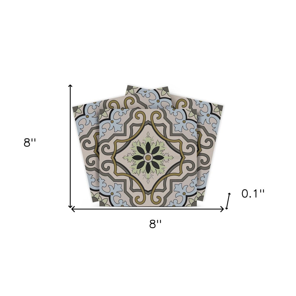 4" X 4" Taupe and Blue Scroll Peel and Stick Tiles