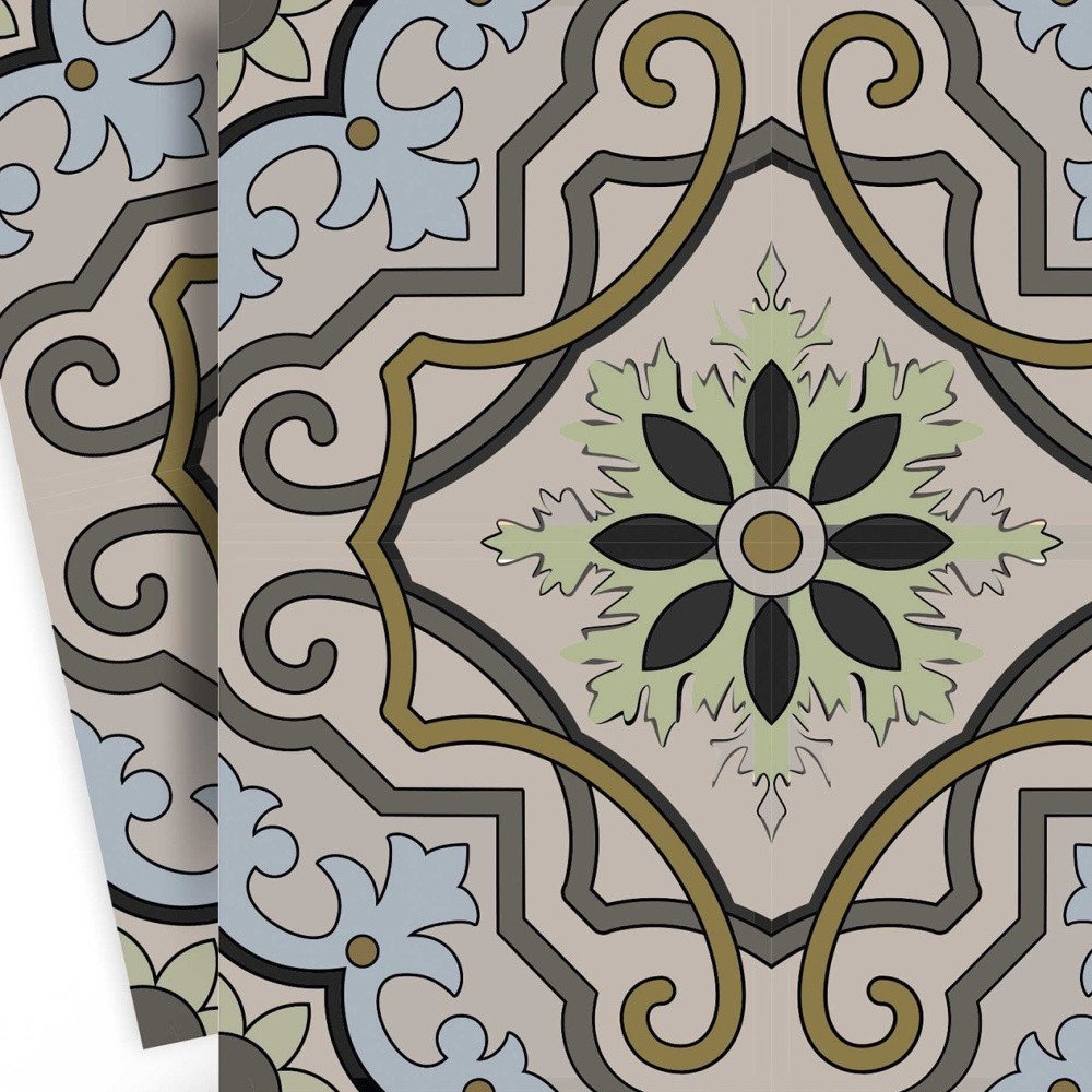 4" X 4" Taupe and Blue Scroll Peel and Stick Tiles