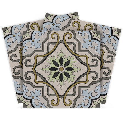 4" X 4" Taupe and Blue Scroll Peel and Stick Tiles
