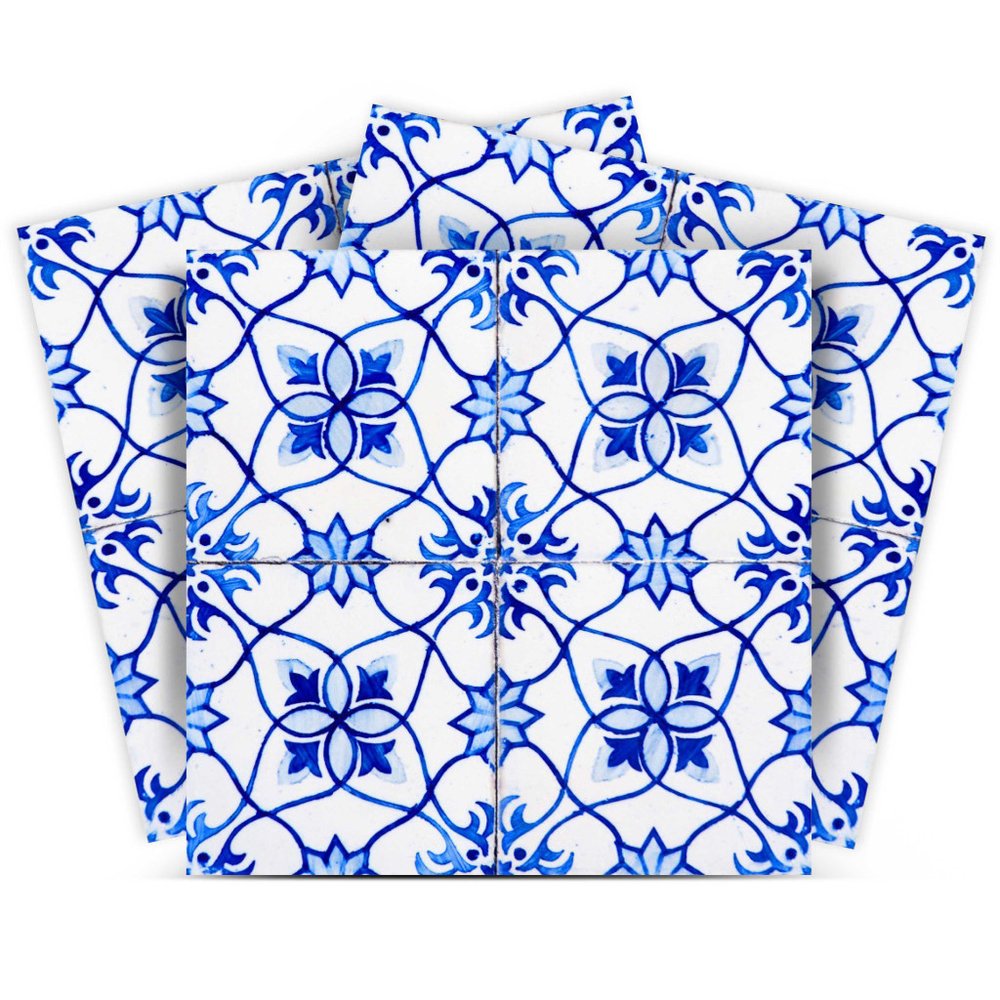 7" x 7" Blue And White Vinyl Peel And Stick Removable Tiles