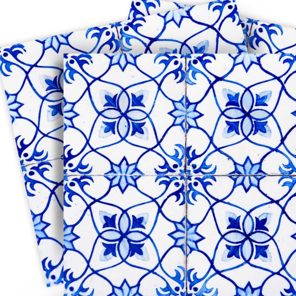 7" x 7" Blue And White Vinyl Peel And Stick Removable Tiles