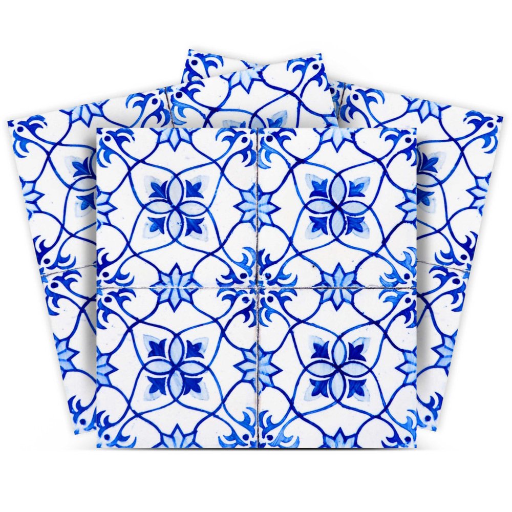 7" x 7" Blue And White Vinyl Peel And Stick Removable Tiles