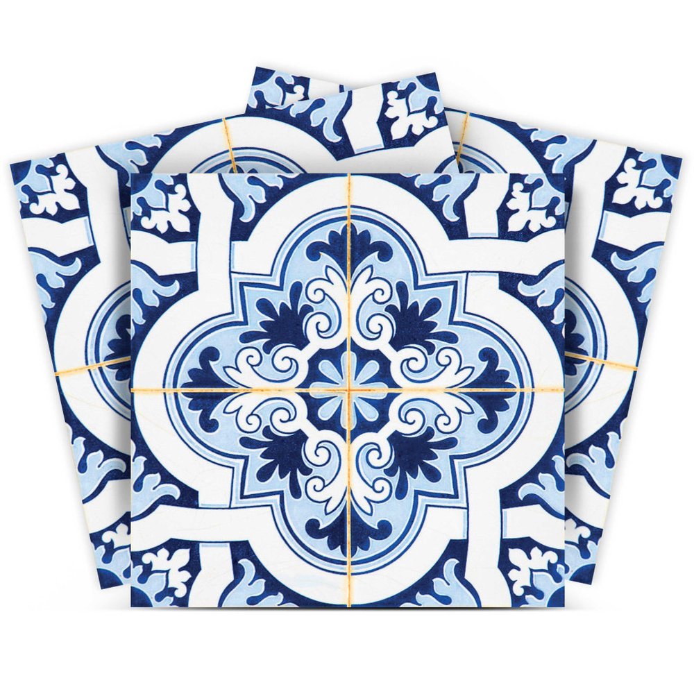 7" x 7" Blue And White Vinyl Peel And Stick Removable Tiles
