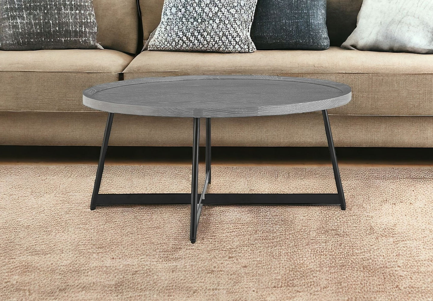 35" Gray And Black Metal Round Coffee Table