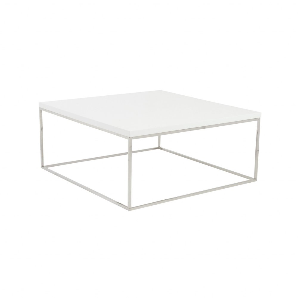35" White and Silver Wood And Metal Square Frame Coffee Table