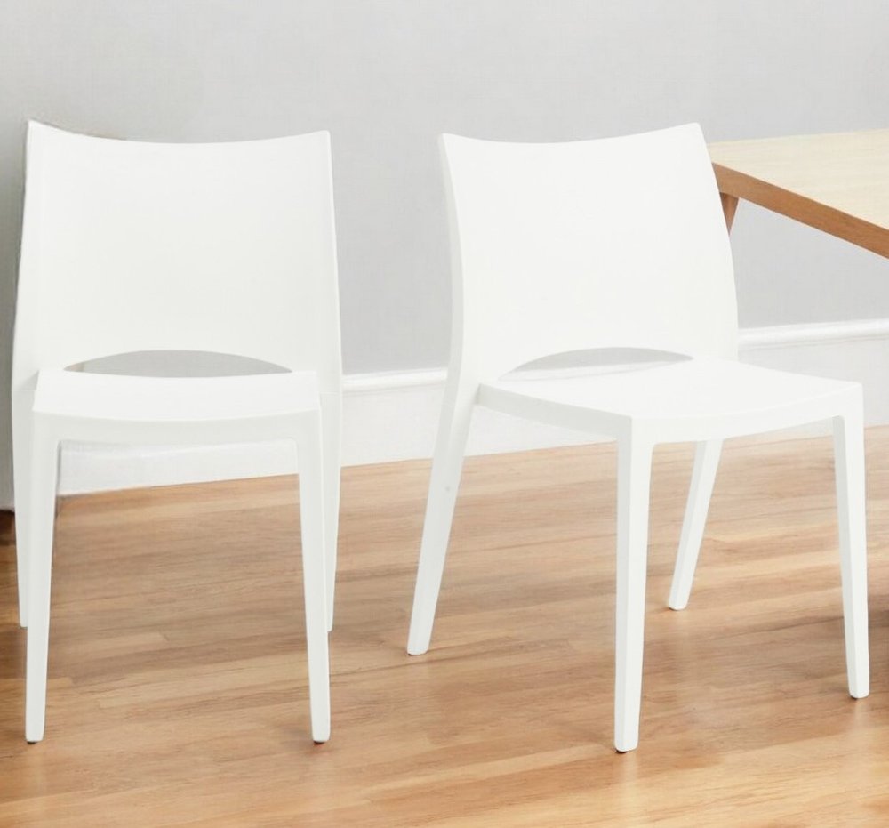 Set of Two White Heavy Duty Plastic Outdoor Stacking Dining Chairs