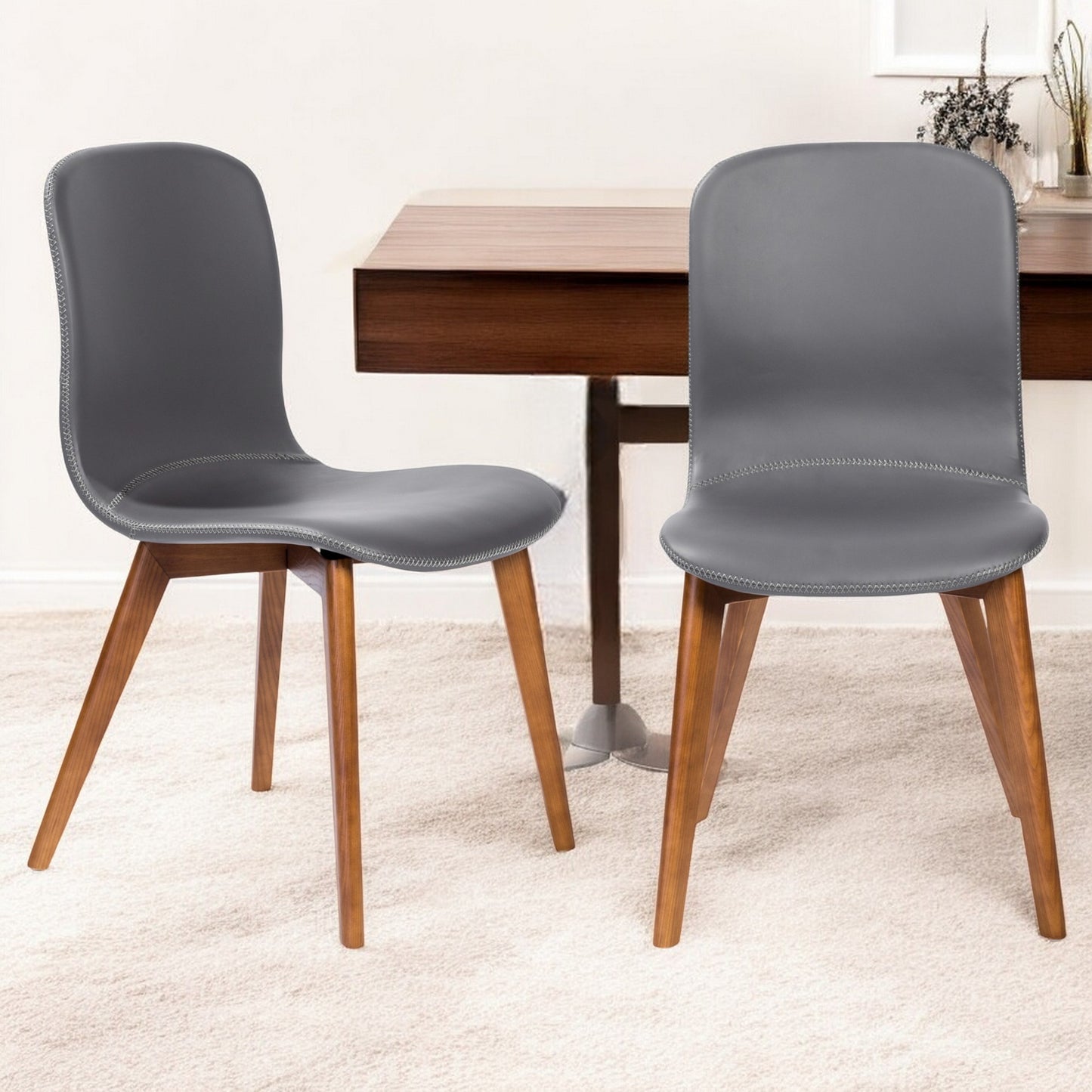 Set of Two Gray Faux Leather and Walnut Dining or Side Chairs