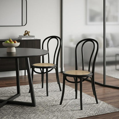 Set of Two Black and Natural Solid Wood And Rattan Curved Back Dining Side Chairs